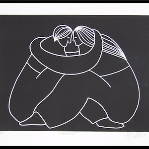 linocut print, Lovers, black and white, handprinted, signed, Mariann Johansen-Ellis