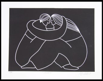 linocut print, Lovers, black and white, handprinted, signed, Mariann Johansen-Ellis