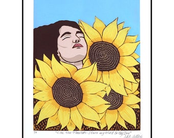 Sunflowers, Linocut,  handprinted, signed, Mariann Johansen-Ellis