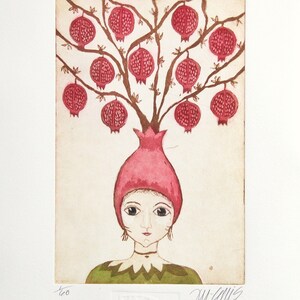 etching, Pomegranate Girl, hand printed on paper, limited edition, signed and numbered, fruit, mariann johansen-ellis image 5