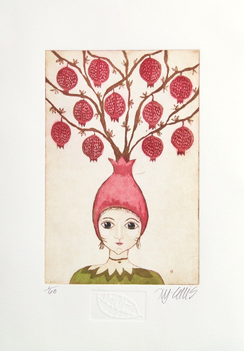 etching, Pomegranate Girl, hand printed on paper, limited edition, signed and numbered, fruit, mariann johansen-ellis image 5