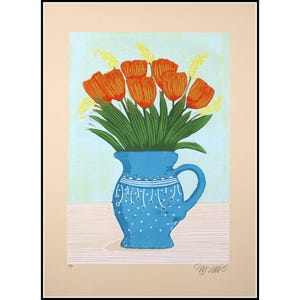 linocut, Tulips in a blue jug, handprinted, signed, Mariann Johansen-Ellis, colorful tulips, spring flowers
