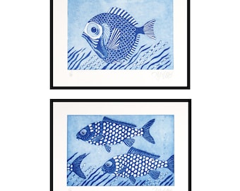 etchings, pair of fish, 2 fish prints, blue and white, signed, handprinted, Mariann Johansen-Ellis