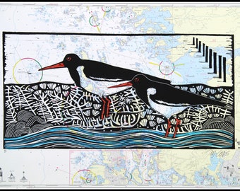 linogravure, Oystercatchers, imprimé à la main sur une carte marine vintage, signé, Mariann Johansen-Ellis