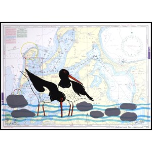 Linoldruck, Austernfischer, vintage Landkarte, handgedruckt, signiert, Mariann Johansen-Ellis