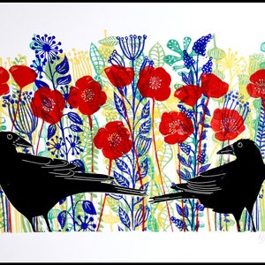 linocut, monoprint, one of a kind, crows, poppies, wildflowers, handprinted, signed, Mariann Johansen-Ellis