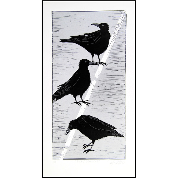 linocut, Road Warriors, handprinted, signed, Mariann Johansen-Ellis, crows