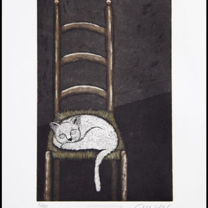 May include: A white cat curled up and sleeping on a wooden chair with a woven seat. The chair is against a dark background. The image is signed "My Wills" and numbered "2/50".