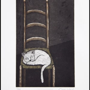 etching, Cat on chair, handprinted on paper, signed and numbered edition, Mariann Johansen-Ellis, cat lovers, white cat