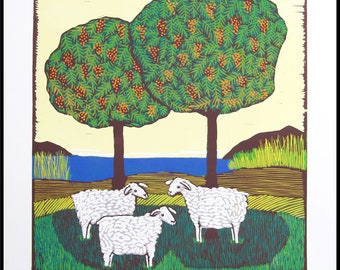 linocut print, Golden Sky and wool coats, sheep, handprinted and signed, Mariann Johansen-Ellis, rowan trees