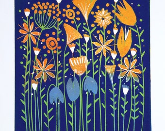 linocut, happy colors, Symphony of Flowers, handprinted, signed, Mariann Johansen-Ellis