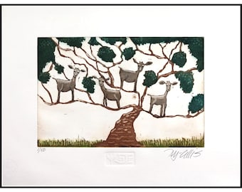 etching, Goats in Tree, handprinted on paper, signed and numbered edition, Mariann Johansen-Ellis