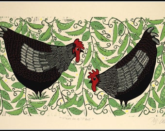 linocut, Peas in a Pod, last print, chickens, hens, green peas, handprinted, signed limited edition, Mariann Johansen-Ellis