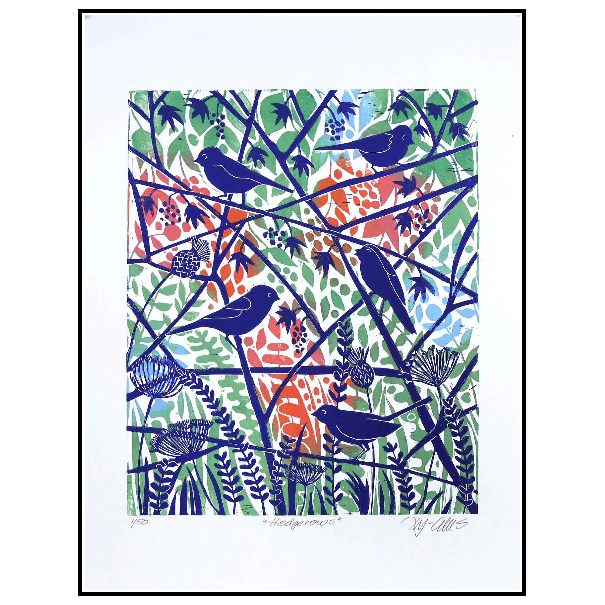 linocuts, Hedgerow, songbirds, signed and numbered, Mariann Johansen-Ellis