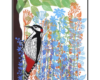 Linocut, Woodpecker, flowers, handprinted, signed, Mariann Johansen-Ellis, blue