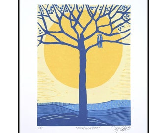 linocut, Soulmates, reduction print, landscape, handprinted, signed, Mariann Johansen-Ellis, blue and yellow