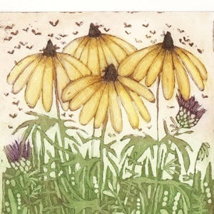 May include: A watercolour illustration of three yellow coneflowers with brown centres, surrounded by green foliage and small purple flowers. The background is a light beige with small brown dots.