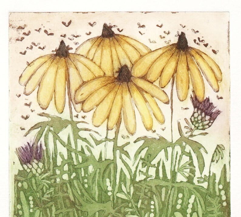 May include: A watercolour illustration of three yellow coneflowers with brown centres, surrounded by green foliage and small purple flowers. The background is a light beige with small brown dots.
