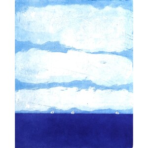 May include: An abstract painting of a seascape. The artwork features a deep blue ocean beneath a sky filled with white and light blue clouds. Three small sailboats are visible on the horizon, adding a sense of depth and tranquility to the scene.