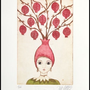 etching, Pomegranate Girl, hand printed on paper, limited edition, signed and numbered, fruit, mariann johansen-ellis image 1