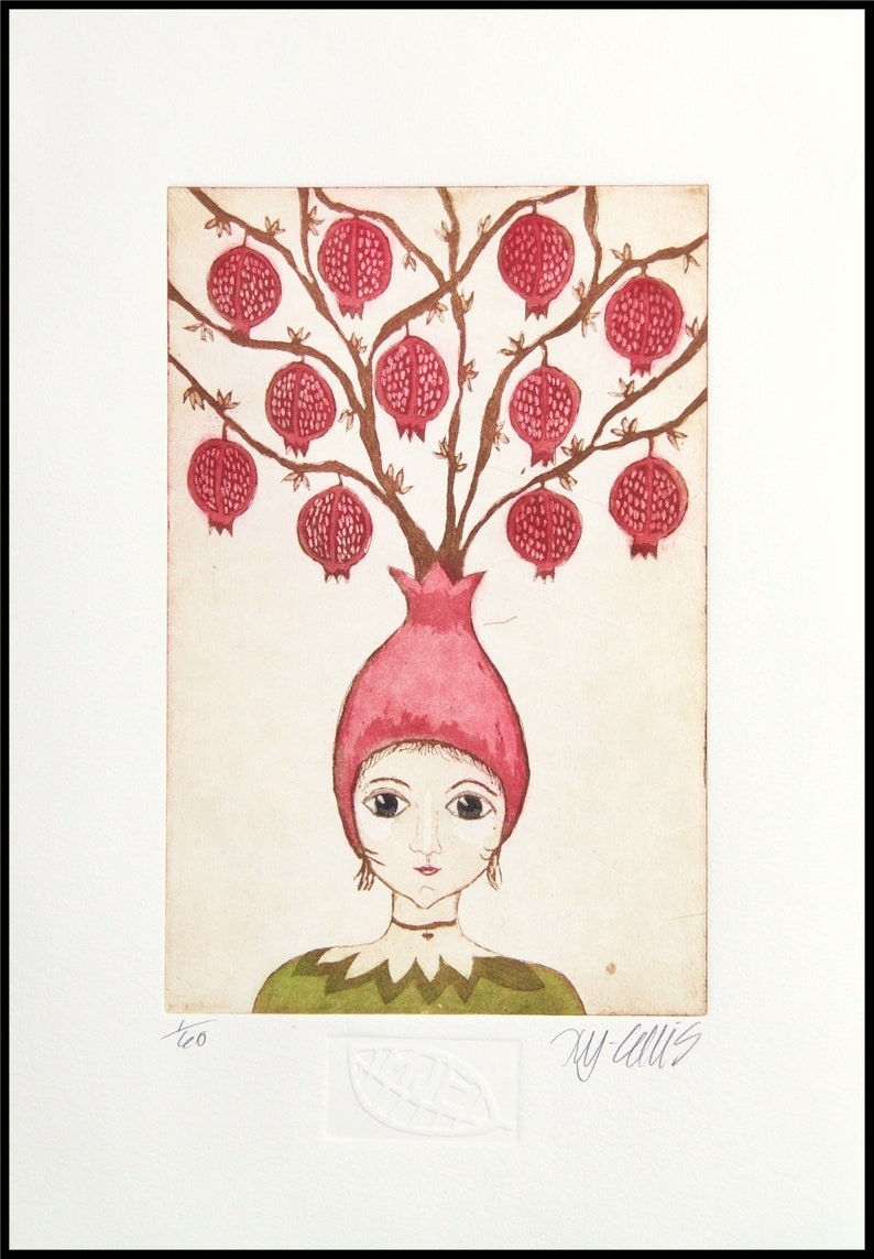 etching, Pomegranate Girl, hand printed on paper, limited edition, signed and numbered, fruit, mariann johansen-ellis image 1