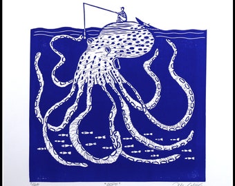 linocut, Oops, blue and white, handprinted, signed, Mariann Johansen-Ellis, octopus, fishing