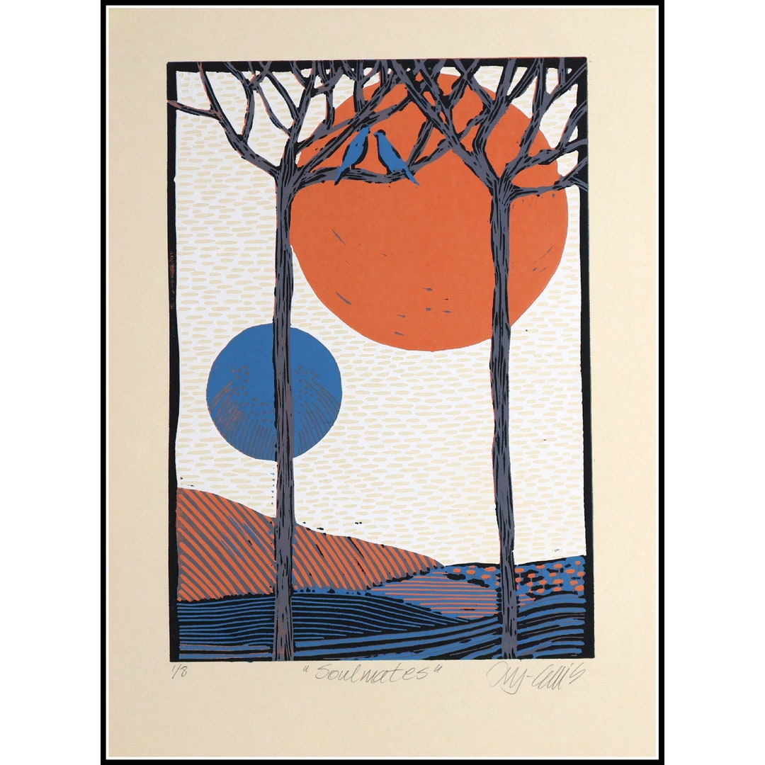 Linocut Soulmates Reduction Print Landscape Handprinted Etsy