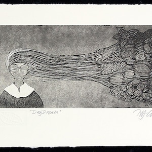 etching, Dreamer, handprinted on paper, signed and numbered, Mariann Johansen-Ellis, flowers in hair, girl