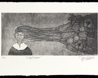 etching, Dreamer, handprinted on paper, signed and numbered, Mariann Johansen-Ellis, flowers in hair, girl