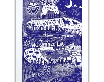 linocut, From our House, Life is Beautiful, blue and white, handprinted and signed, Mariann Johansen-Ellis