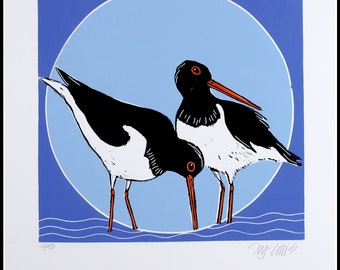 linogravure, Oystercatchers, art des oiseaux, imprimé à la main, signé, Mariann Johansen-Ellis