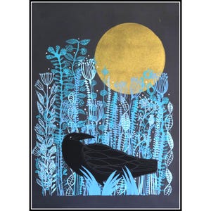 Monogravure linogravure, Ravens Midnight, papier fait main, signée, Mariann Johansen-Ellis