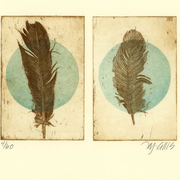 etching, Feathers, printmaking, sepia, feather, dot, turquoise, circle, soft colors, natural color, home interior, contemporary art, bird