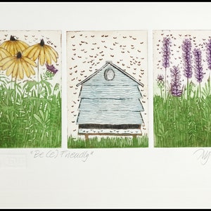 etching, Bee friendly, handprinted on paper, signed and numbered edition, Mariann Johansen-Ellis, flowers, bees, beehive