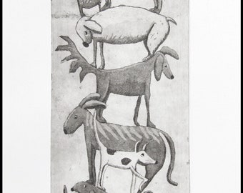 etching, handprinted on paper, a stack of mutts, limited signed and numbered edition, Mariann Johansen-Ellis, dogs, puppies