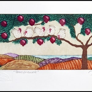 etching, Pomegranate tree, chickens, hens, handprinted, signed, Mariann Johansen-Ellis, landscape, fruit tree