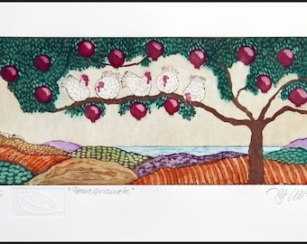 etching, Pomegranate tree, chickens, hens, handprinted, signed, Mariann Johansen-Ellis, landscape, fruit tree