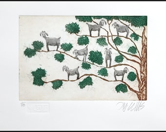 etching, Goats in Tree, handprinted on paper, signed and numbered edition, Mariann Johansen-Ellis