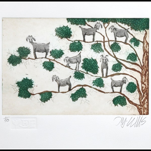 eau-forte, Chèvres dans un arbre, imprimée à la main sur papier, édition numérotée et signée, Mariann Johansen-Ellis