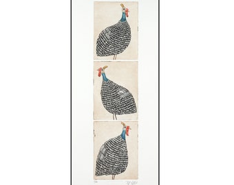 gravure, imprimée à la main sur papier, une pile de poules d'Inde, édition limitée signée et numérotée, Mariann Johansen-Ellis, art mural