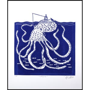 linocut, Oops, blue and white, handprinted, signed, Mariann Johansen-Ellis, octopus, fishing