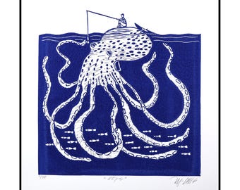 Oops Linocut Print | Blue And White Wall Art | Signed Limited Edition | Coastal Decor | Housewarming Gift