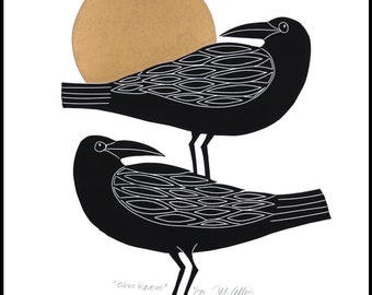 linocut, Odins Ravens, black and white print, gold ink, handprinted, signed, Mariann Johansen-Ellis