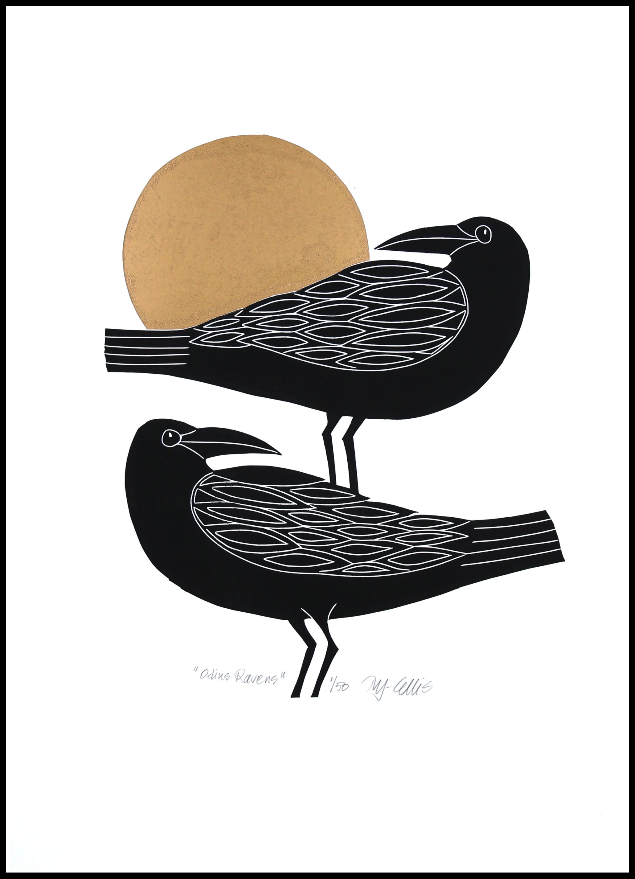 linocut, Odins Ravens, black and white print, gold ink, handprinted, signed, Mariann Johansen-Ellis