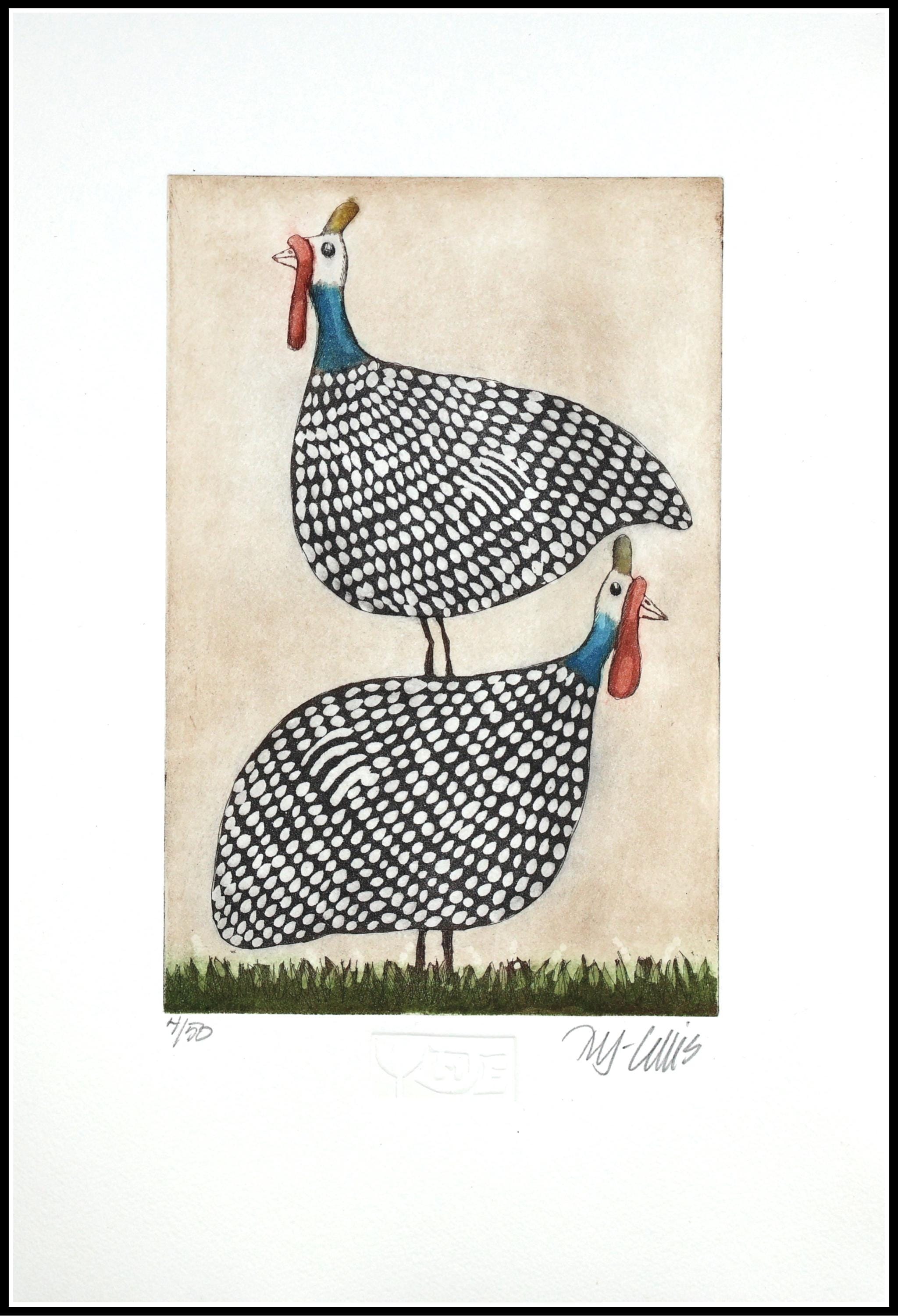 Guinea Hens Etching: Hand-Printed Aquatint Art, Signed Limited Edition