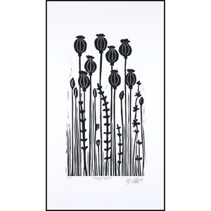 linocut, Poppy Pods, handprinted, signed, Mariann Johansen-Ellis, black and white linocut