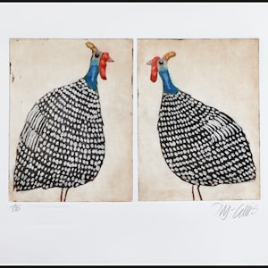 etching, pair of guineas, handprinted on paper, signed, Mariann Johansen-Ellis, guinea fowl