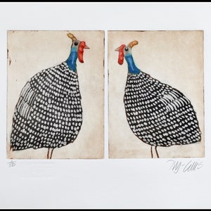 etching, pair of guineas, handprinted on paper, signed, Mariann Johansen-Ellis, guinea fowl