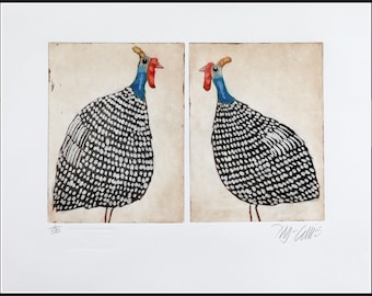 etching, pair of guineas, handprinted on paper, signed, Mariann Johansen-Ellis, guinea fowl