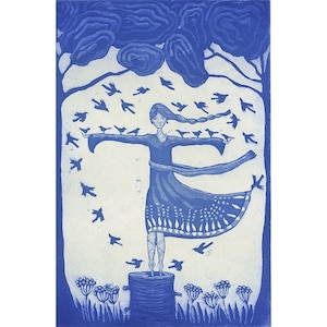 Œuvre originale inspirante, « Presque en vol », gravure, impression à la main, signée, Mariann Johansen-Ellis
